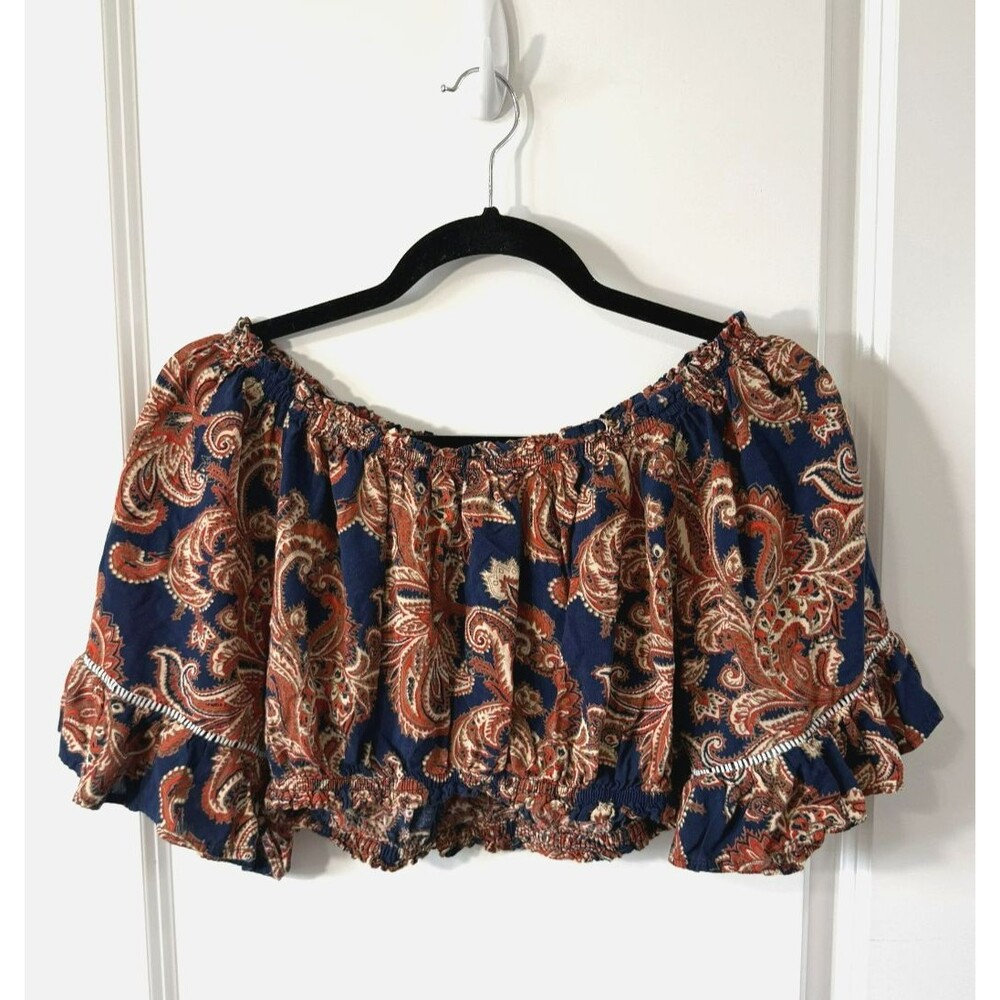 Sans Souci Top S Navy Blue Rust Paisley Off Shoulder Ruffle Crop Peasant Boho